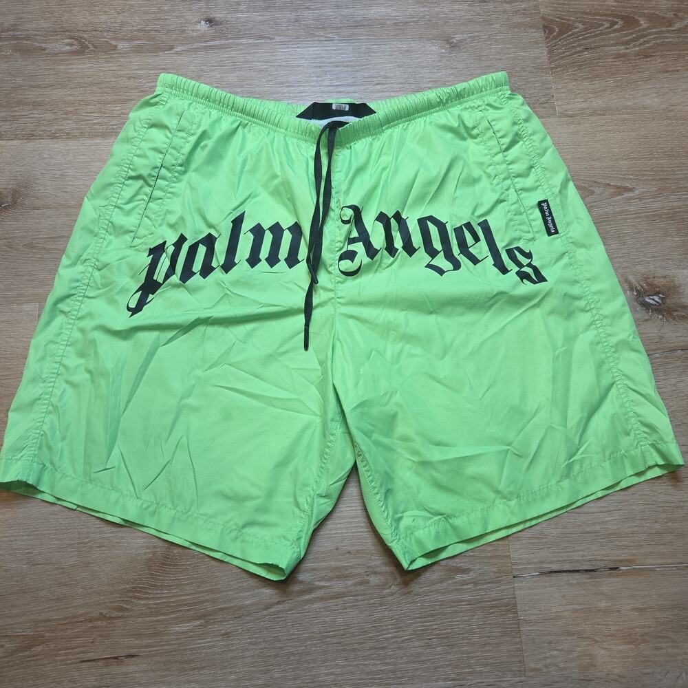 Palm Angels Mens M Neon Green Curved Gothic Logo Swim Shorts Trunks SS21